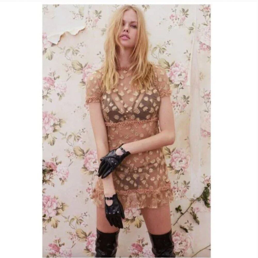 For Love & Lemons Golden Garden Embellished Tulle Mini dress
